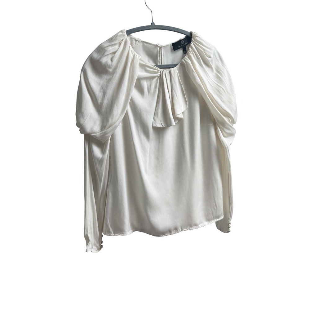 Rena Lange Blouse Cream Silk Blend Puff Sleeve Bow Neck 36 US 6 Quiet Luxury